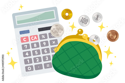 お金のイラスト がま口財布 電卓 日本硬貨
