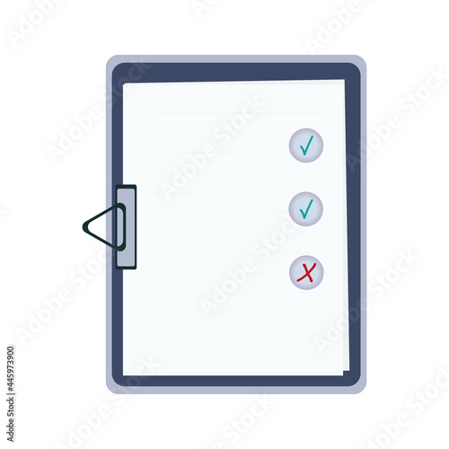 Survey form, paper page or check list. Choose a test, exam, questionnaire or quiz. Question and answer selected and check mark. The result of a survey form, report, schedule, vote. Vector illustration