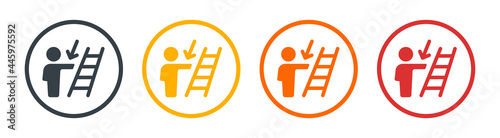 Person walk descending ladder icon. Man with arrow down. Vector illustration