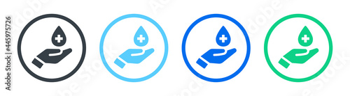 Hand with drop of disinfectant icon. Hand sanitizer sign. Vector illustration