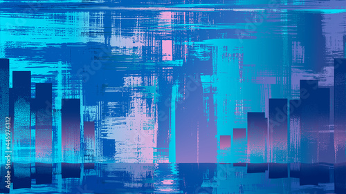 Urban techno scenery, digital art. Blue brush strokes on canvas. Futuristic sky and water reflection, pink and teal accents