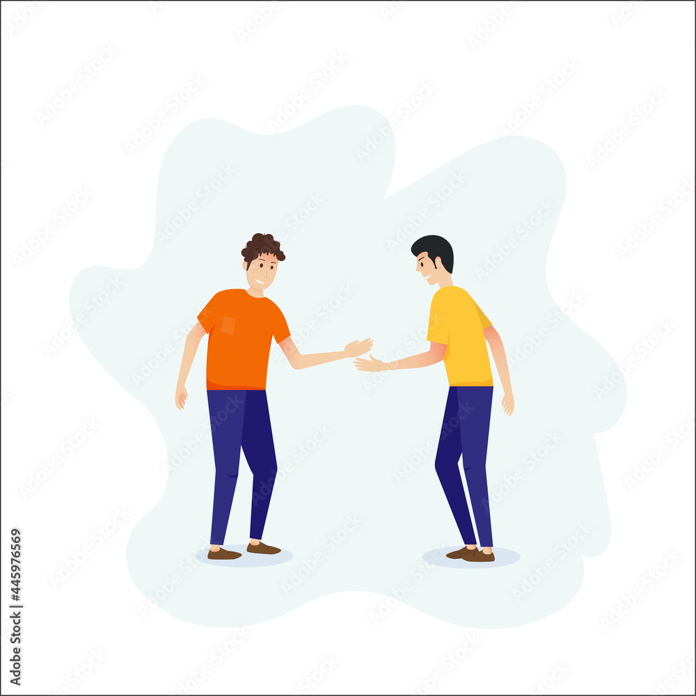 Two firends standing and shaking hands.