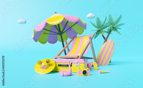 summer travel with yellow pink suitcase,beach chair,sunglasses,camera,umbrella,Inflatable flamingo,sandals,hat ,palm,camera isolated on blue background ,concept 3d illustration or 3d render