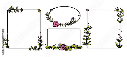 Rustic wreaths dividers with handdrawn flowers. Rectangle and circle doodle wreaths. Doodle vector illustration isolated in white background