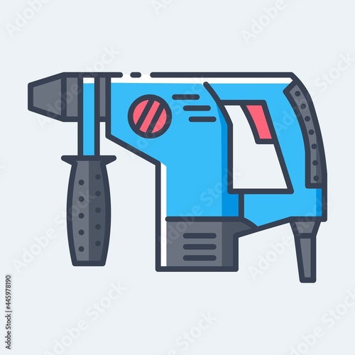 Electric rotary hammer drill vector outline flat icon. Hand construction tool for renovation work.