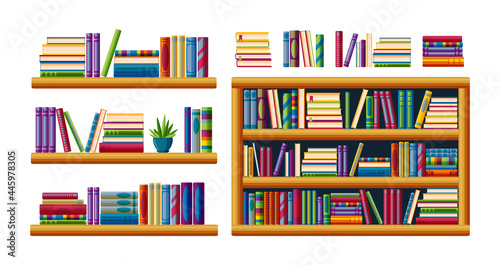 Bookshelves for home library. Piles of bestsellers with shelves, racks and bookcases. Cartoon vector illustration isolated in white background