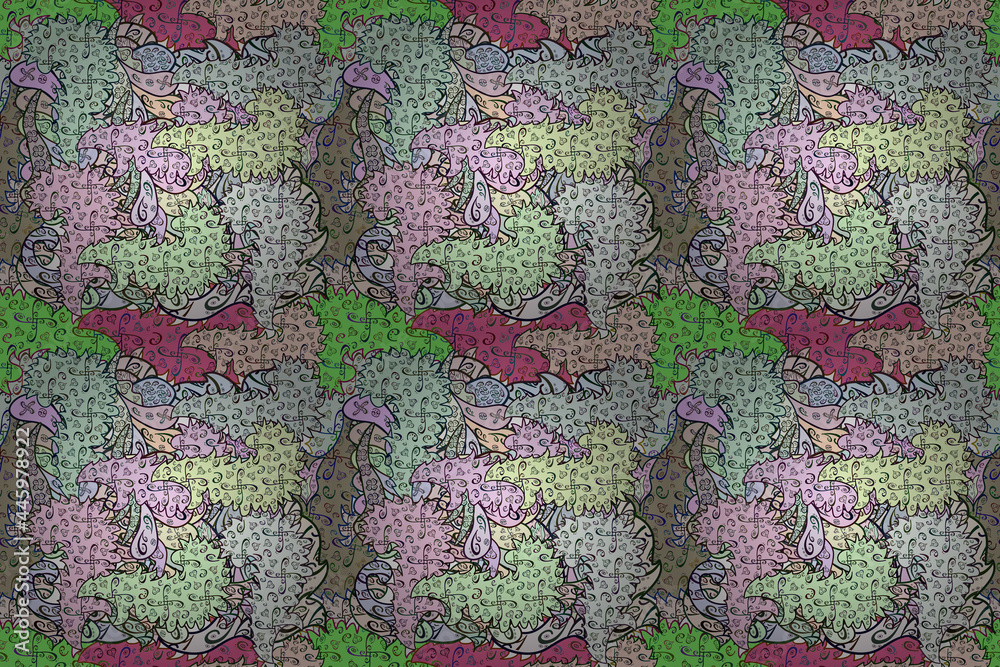 Fototapeta premium Seamless pattern with interesting doodles on colorfil background. Pano. Raster illustration.