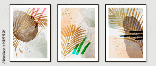 Contemporary botanical prints wall art. Abstract art background with Golden line art, palm and tropical leaves. watercolor canvas frame design for prints and home decor. Vector illustration.