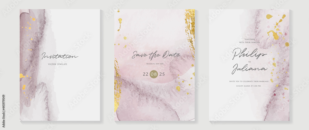 Abstract art background vector. Luxury invitation card background with golden line art and Watercolor brush texture. Vector invite design for wedding and vip cover template.
