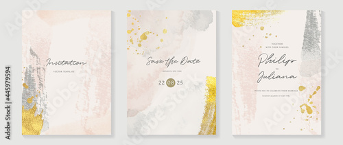 Abstract art background vector. Luxury invitation card background with golden line art and Watercolor brush texture. Vector invite design for wedding and vip cover template.
