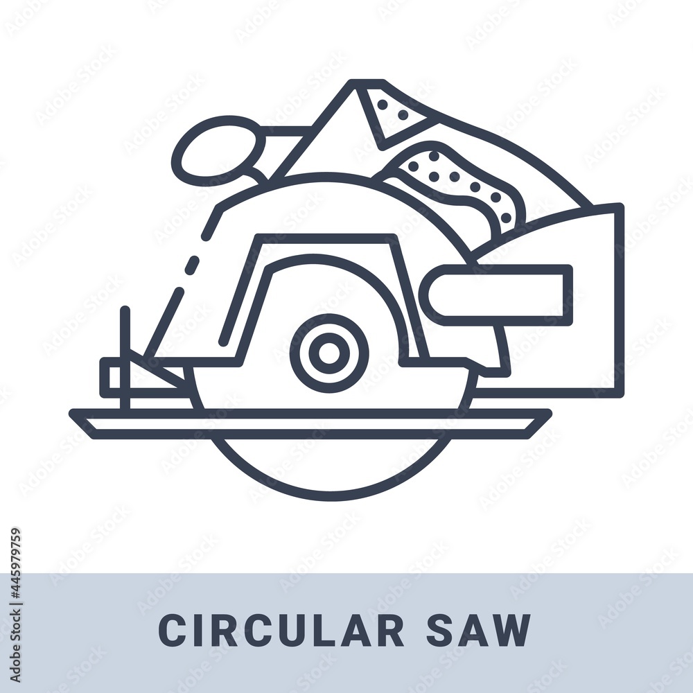 Electric hand-held circular saw vector outline monochrome icon. Hand construction tool for renovation work.