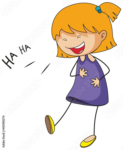 Cute girl laughing doodle cartoon character isolated