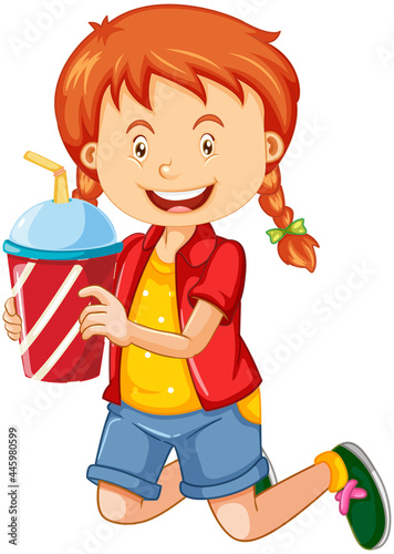 A cute girl holding drink cup cartoon character isolated on white background