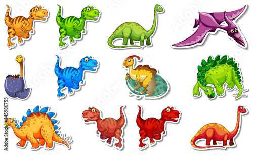 Sticker set with different types of dinosaurs cartoon characters