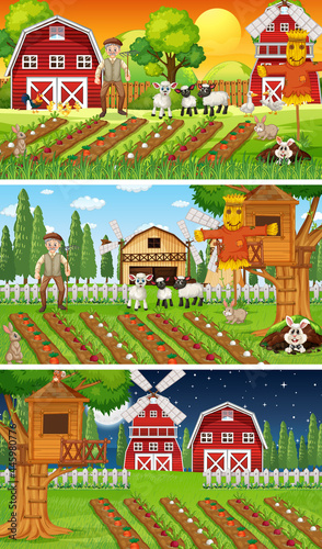 Different farm scenes with old farmer and animal cartoon character