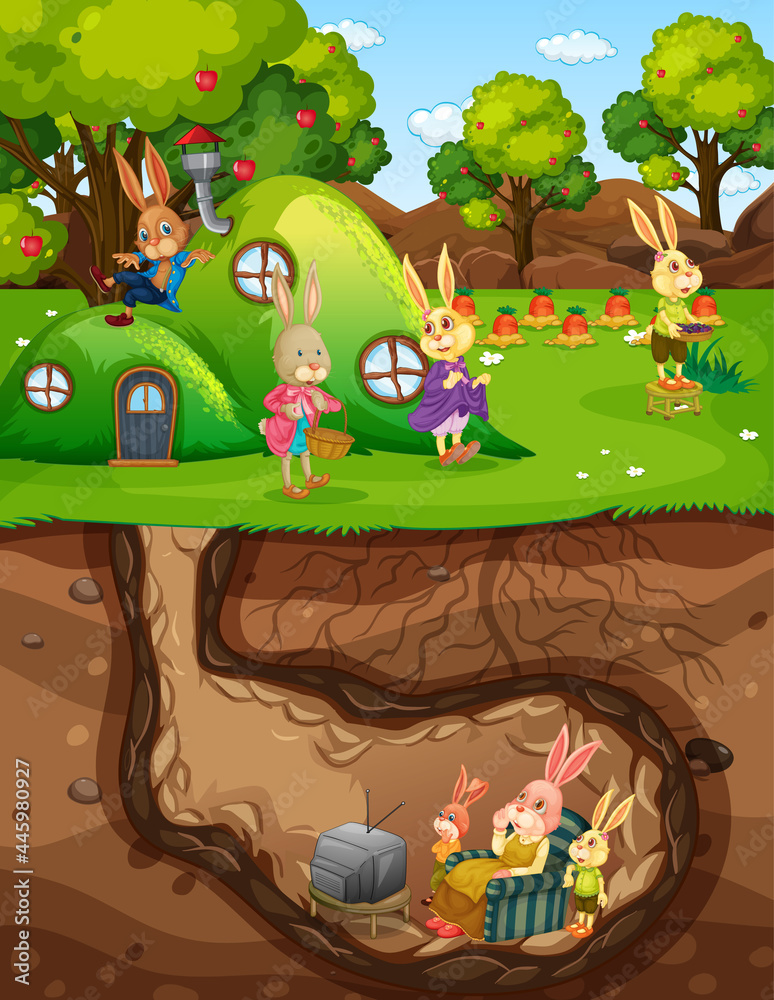 Obraz premium Underground rabbit hole with ground surface of the garden scene