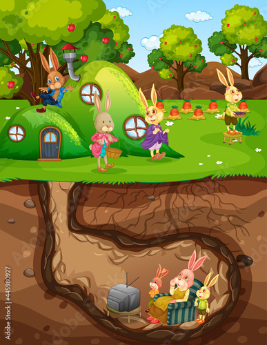 Underground rabbit hole with ground surface of the garden scene