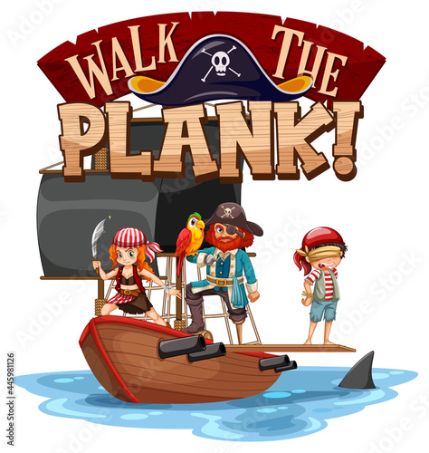Walk The Plank font banner with pirate cartoon character