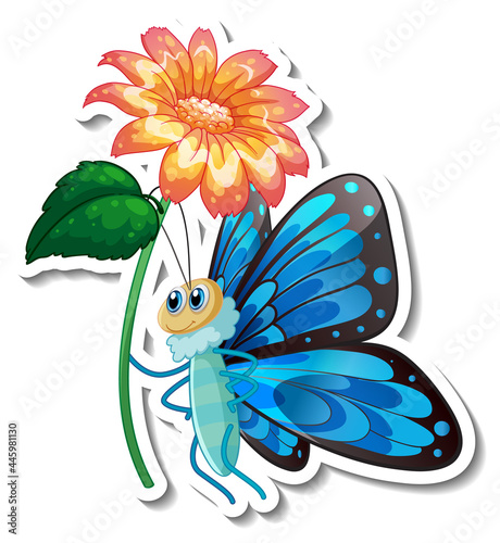 Sticker template with cartoon character of a butterfly holding a flower isolated