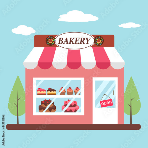 Bakery shop building facade front view in flat design. Sweet dessert shop.