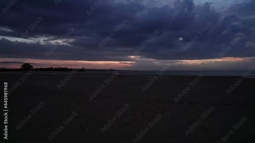 Panorama Of Thick Woods At Sandy Seashore Under Dark Cloudy Sky. aerial, forward Panorama Of Thick Woods At Sandy Seashore Under Dark Cloudy Sky. aerial, forward