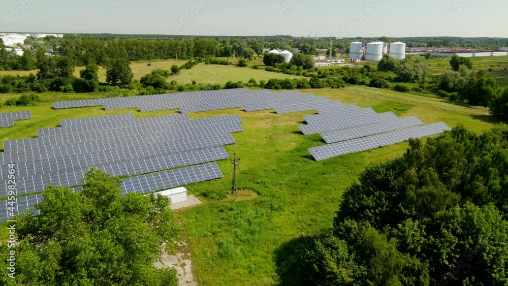 Rural solar panel farm, green electricity power station alternative resource, aerial