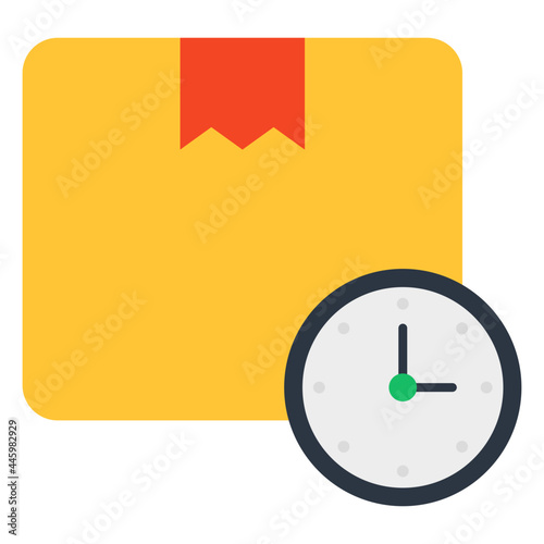 A flat design icon of parcel with clock, delivery time
