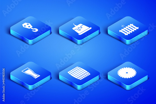 Set Circular saw blade, Industrial hook, Wooden barrel, Glass of beer, Pudding custard and Heating radiator icon. Vector