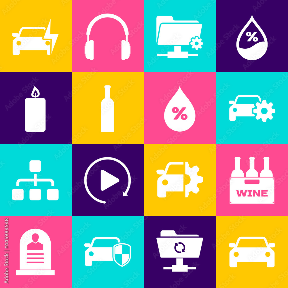 Set Car, Bottles of wine in box, service, FTP settings folder, and Burning candle icon. Vector Set Car, Bottles of wine in box, service, FTP settings folder, and Burning candle icon. Vector