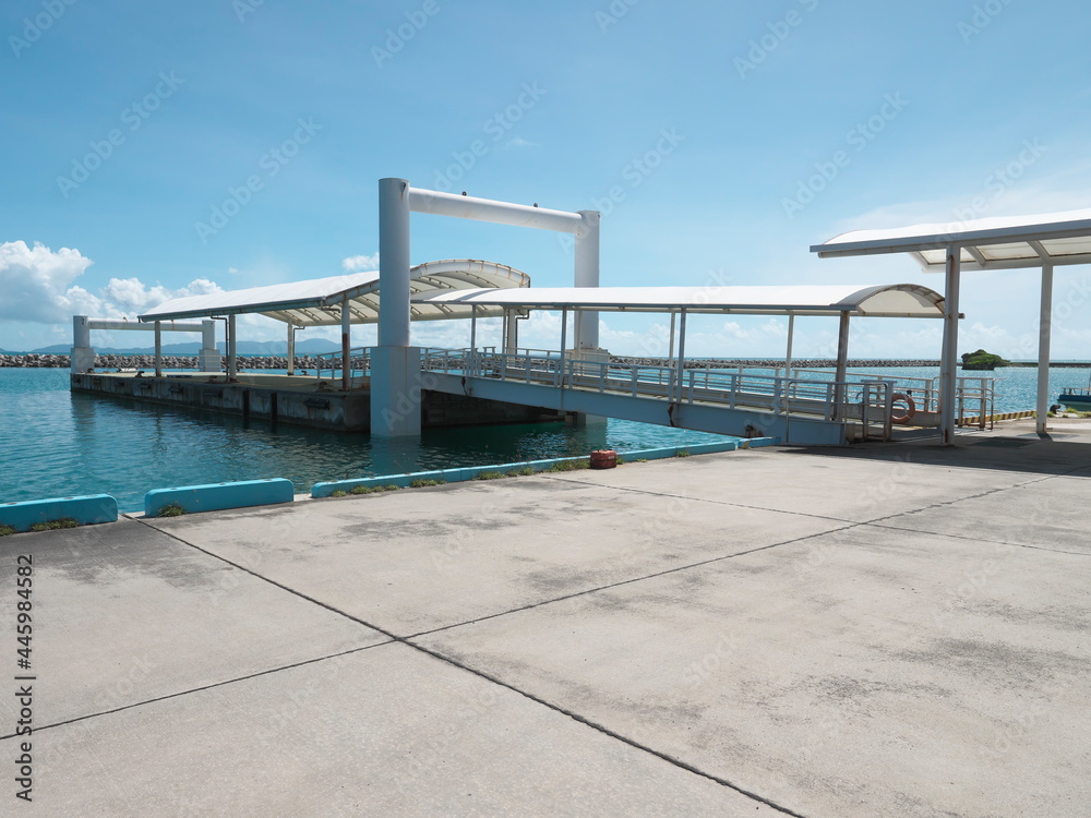 Okinawa,Japan - July 14, 2021: Floating pier at Kuroshima port in Kuroshima island, Okinawa, Japan
