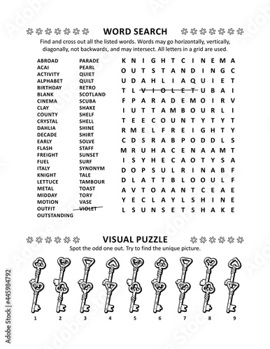 Puzzle page with two brain games: general knowledge non-themed word search puzzle (English language) and visual puzzle with keys. Black and white.
