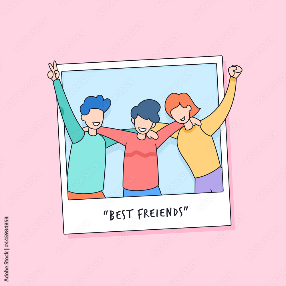 best friends forever group people hugging together and pose take portrait  inside instant photo paper for happy youth friendship day cartoon doodle  style vector illustration Stock Vector | Adobe Stock