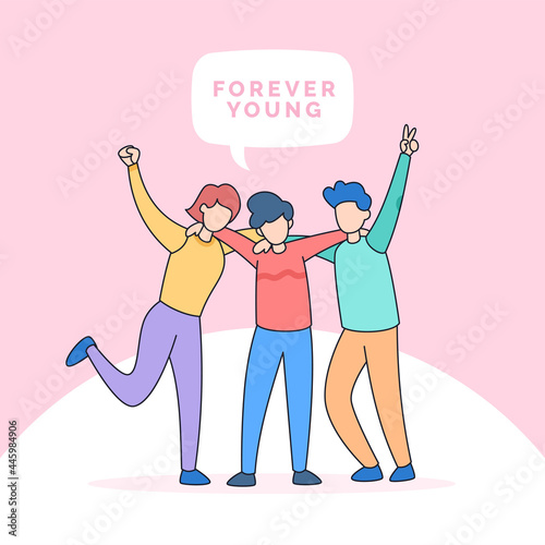 best friends forever group teens people hugging together and pose for happy friendship youth day cartoon doodle style vector illustration