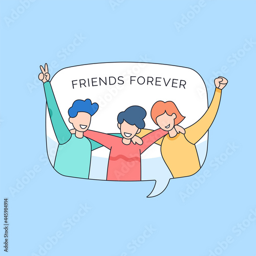 best friends forever group people hugging together and pose inside balloon bubble chat for happy youth friendship day event cartoon doodle style vector illustration