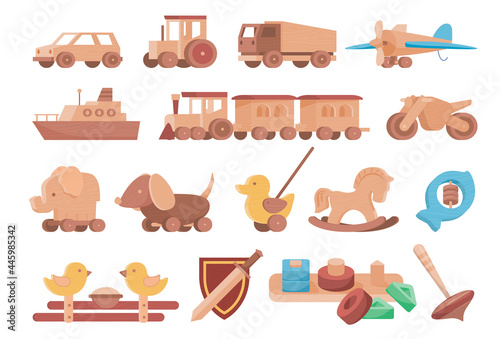 Collection of children s wooden toys vector flat. Set of vintage kids playthings made from wood