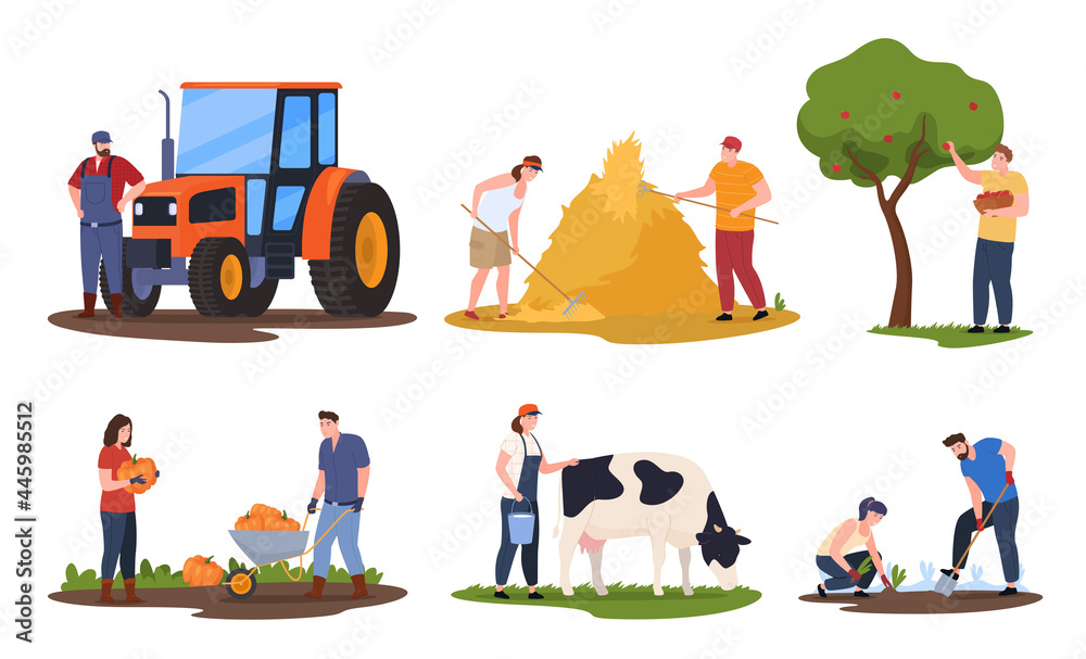 Collection of people farm workers vector flat illustration performing