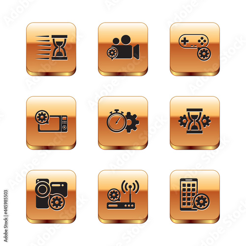 Set Old hourglass with sand, Video camera setting, Router wi-fi, Time management, Microwave oven and Gamepad icon. Vector