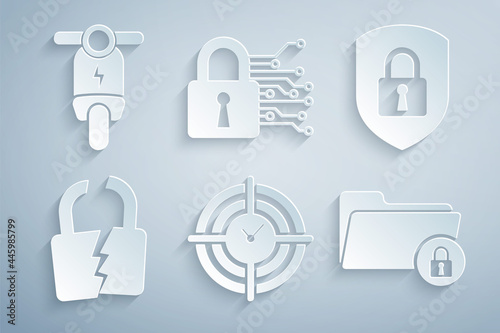 Set Time Management, Shield security with lock, Broken or cracked, Folder and, Cyber and Electric scooter icon. Vector