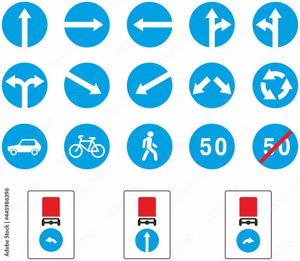 Vector road prescriptive signs. The direction of movement of vehicles ...