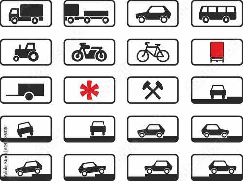 Fototapeta Naklejka Na Ścianę i Meble -  Vector road signs of additional information, plates. Parking, transport, tractor, passenger car, motorcycle, bicycle, workers, holidays and weekends, dangerous goods
