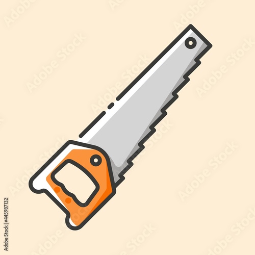 Wood cutting hand saw with hardened teeth colorful icon. Vector outline flat icon on yellow background. Hand construction tool for renovation work.