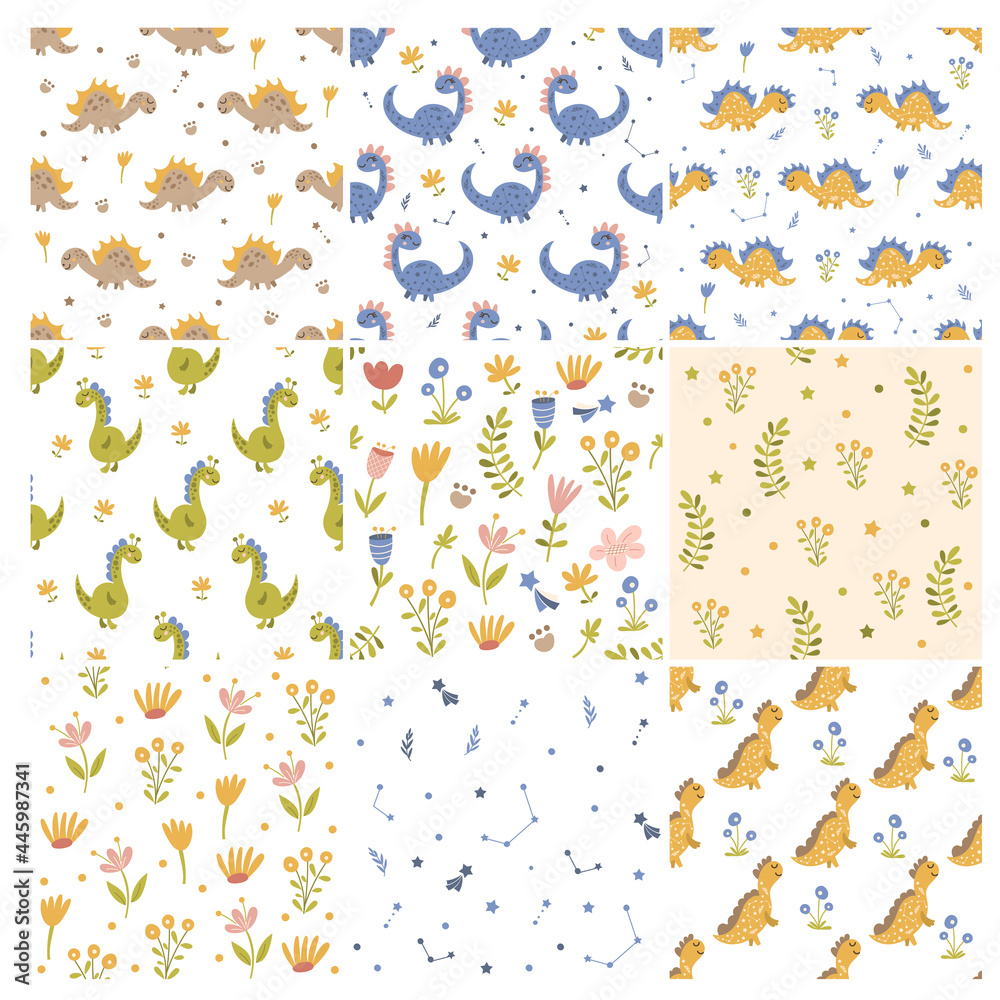 Set of dinosaur and floral patterns. Vector illustration.