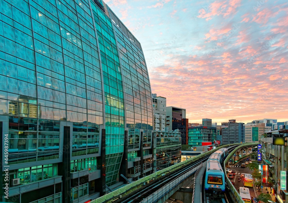 Scenery of a train traveling on elevated rails of Taipei Metro (MRT