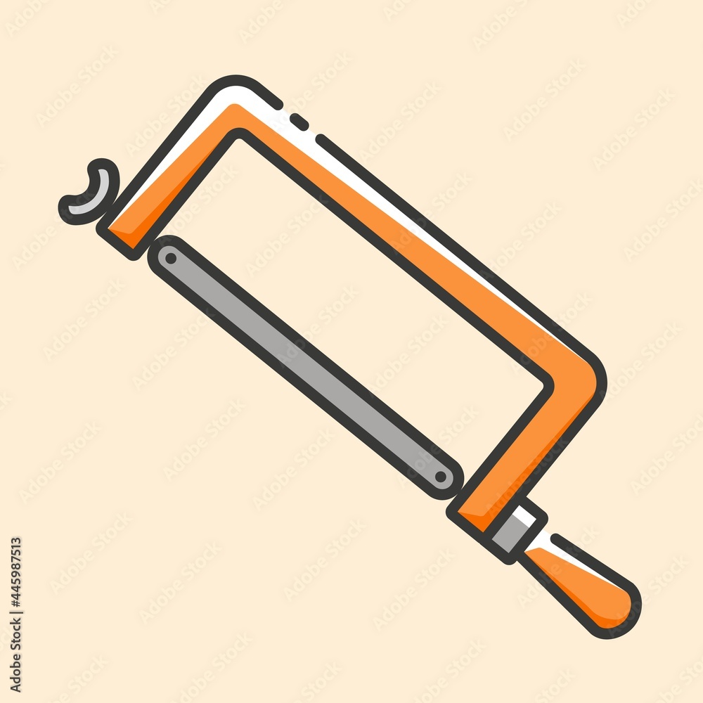 Hacksaw for metal cutting with orange plastic handle colorful icon. Vector outline flat icon on yellow background. Hand construction tool for renovation work. Hacksaw for metal cutting with orange plastic handle colorful icon. Vector outline flat icon on yellow background. Hand construction tool for renovation work.