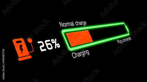 Colorful electric vehicle car charging battery indicating progress of the increasing with percentage show fill up to 100%