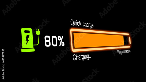 Colorful electric vehicle car charging battery indicating progress of the increasing with percentage show fill up to 100%