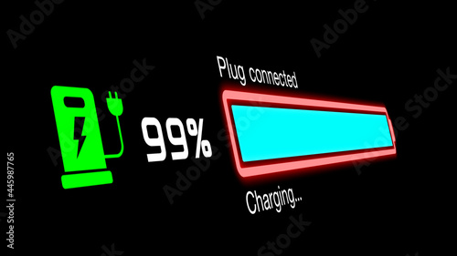Colorful electric vehicle car charging battery indicating progress of the increasing with percentage show fill up to 100%