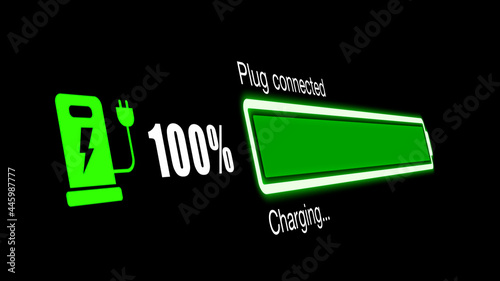 Colorful electric vehicle car charging battery indicating progress of the increasing with percentage show fill up to 100%
