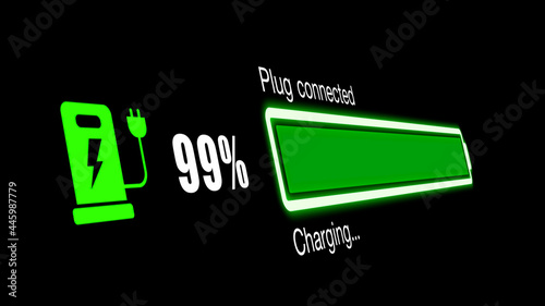 Colorful electric vehicle car charging battery indicating progress of the increasing with percentage show fill up to 100%