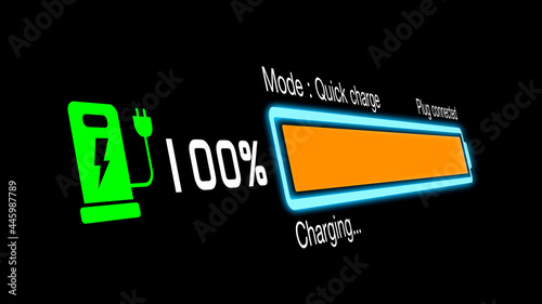 Colorful electric vehicle car charging battery indicating progress of the increasing with percentage show fill up to 100%